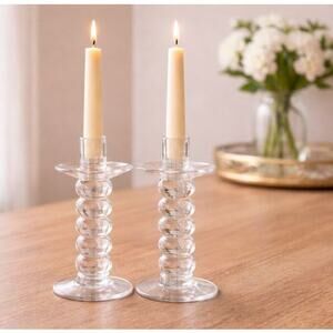 Vintage Pottery Barn Bubble Glass Candlesticks Set of 2 Clear Made in Turkey